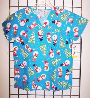 Christmas Tree Snowman Blue Print Nurses Uniform Scrub Top V Neck XS 