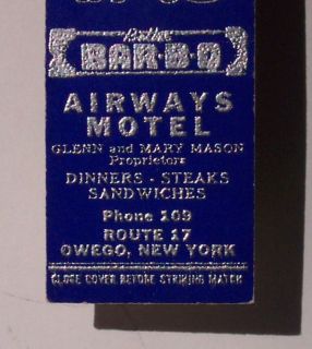 1950s Matchbook Airways Motel Mason Dinners Owego NY