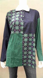 BCI Clothing Misses M Stretch Polo Top Green Navy Argyle Short Sleeve 