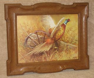 Vintage Pheasant on Log Picture by Abbett D A C N Y Lithograph Framed 