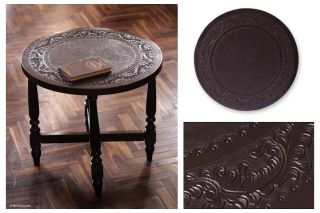 Colonial Ivy Peru Art Hand Tooled Leather Cedar Round End Accent Table 