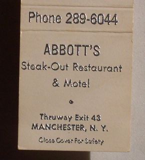 1960s Matchbook Abbotts Steak Out Motel Manchester NY