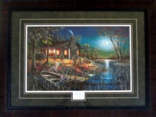 Jim Hansel After Dark Cabin Lake Boat Print Framed 33 x 25