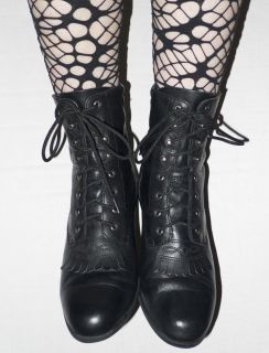 ACME black leather GRANNIE GRUNGE tie boots FRINGE Western flap SZ 7 