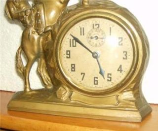 vintage lux spelter pot metal alarm clock cowboy horse working