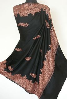 Large, Embroidered Shawl. Black Wool & Rose Crewel Embroidery. Kashmir 