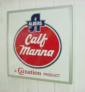 1960s Vintage Albers Calf Manna Old Feed Store Embossed Metal Sign 