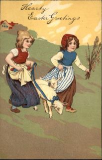 Easter Children w Lambs Art Deco PFB 5753 Embossed Postcard EX Cond 