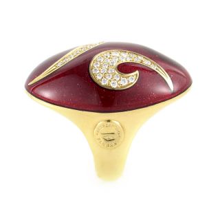 Alessandro Fanfani 18K Yellow Gold Red Enamel Diamond Shield Ring 