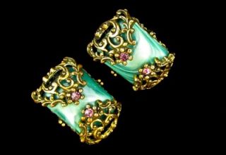   Earrings Clip Green Marble Cabochon Amethyst Rhinestone A