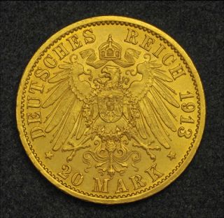 1913, Germany, Wilhelm II. Beautiful Gold 20 Mark Coin. Lustre AU UNC