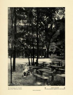 1915 Print English Garden Tables Young Girl Trees Yard Fritz Schider 