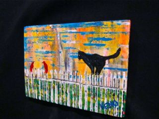 CAT~RED BiRDs on FENCE painting FOLK ART Outsider~COASTWALKER
