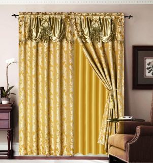   Gold Jaquard Bronze Panel Valance Curtain Drapes Window Set New