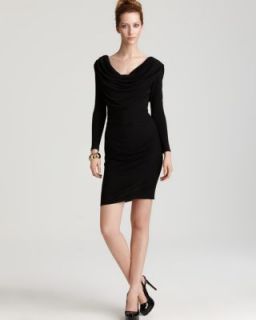 Halston New Jersey Long Sleeves Draped Neck Ruched Little Black Dress 
