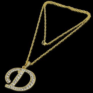 ALPHABET INITIAL LETTER D GOLD PLATED CLEAR CRYSTAL PENDANT CHARM 