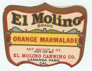   Paper Jar Label Orange Marmalade Lamanda Park CA Pre WW2