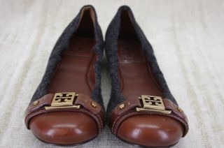 New Tory Burch Ambrose Ballet Flat Grey Flannel Brown Cap Toe Shoes 7 