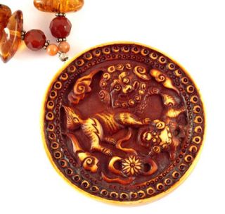 Amber Horn Imperial Guardian Lion Carnelian Necklace