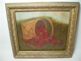 Antique American Folk Art Oil Painting Strawberry Basket 19th Century 