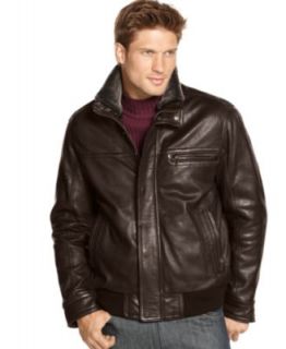 Andrew Marc New Brown Leather Shearling Lamb Fur Collar Zip Up Bomber 