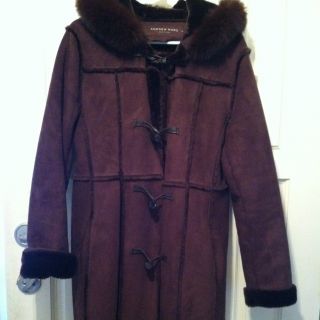 Andrew Marc Brown Fox Fur Trim Hooded Coat Jacket Toggle Closure 