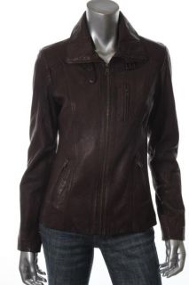 Andrew Marc New Brown Leather Lined Collar Strap Zip Pocket Jacket 