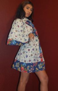 Vintage 1970s Button Down Angel Sleeve Mini Dress XS s Floral Bird 