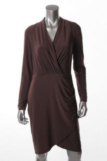 Anne Klein Brown Shirred Faux Wrap Long Sleeve V Neck Wear to Work 
