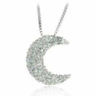 925 Silver Pave CZ Moon Crescent Pendant Necklace 18
