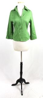 ANN TAYLOR LOFT Green STRIPED Cropped Neck Button Down BLOUSE Shirt 