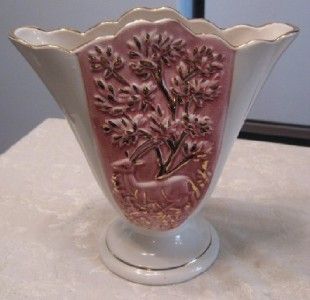 Vtg LG Hull Pottery Fiesta Fan Deco Antelope Vase Nice