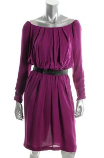 Anne Klein New Purple Silk Off The Shoulder Ruched Sleeve Belted 