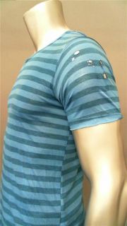 Envae Mens M Cotton Short Sleeve V Neck Knit Shirt Blue Striped Top 