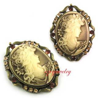 New Antique Style Brown Cameo Crystal Pin Brooch P515