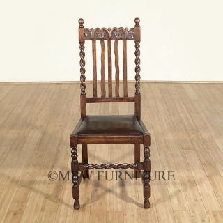 Antique Solid Oak Jacobean Barley Twist Faux Leather Side Chair c1920 