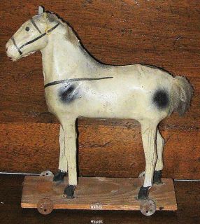 Victorian Antique Hand Painted Made Papier Mache Wood Horse Pull Toy w 