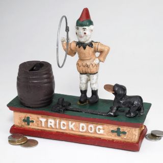   Circus Clown Trick Dog Antique Replica Mechanical Coin Bank