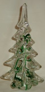 Vintage Art Glass Paperweight Silvestri Christmas Tree Green Ribbon 