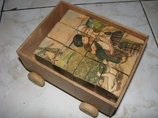 Sweet Antique Set of Childrens Wooden Blocks Cubes Carrying Wagon w 