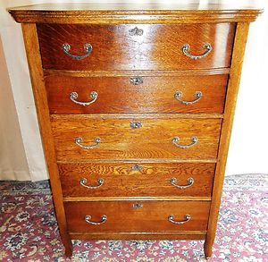 Antique Tall Five Drawer Oak Dresser w Ornate Pull Handles
