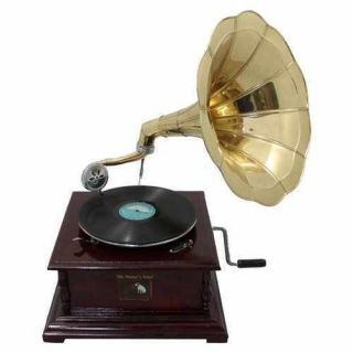 Antique Reproduction RCA Victor Phonograph Gramophone Gold Brass Horn 