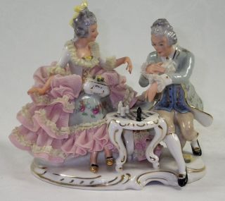 Antique Dresden Lace Porcelain Courting Couple Figurine Playing Chess 