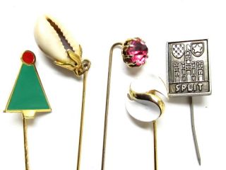 Vintage 5 Stick Pins Jewelry Lot Pink Rhinestone Xmas Tree Enamel 