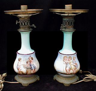Pair Antique Victorian HP Porcelain EtchedShades Table Oil Lamps