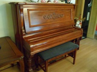 Upright Pine Wood Antique Piano with Bench