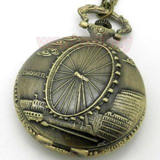 Antique Bronze London Eye Quartz Pocket Watch Necklace Pendant Xmas 