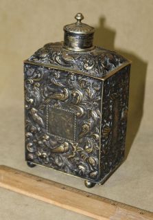    Antique Silver Plated Brass Tea Caddy Reposse Box English Hallmarks