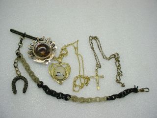 ANTIQUE JEWELRY LOT WOVEN HAIR CHAIN w HORSESHOE FOB PICTURE PIN FOB 