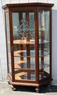 Oak Slant Sided China Cabinet with Leaded Glass Door